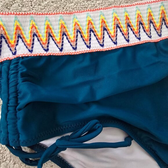 NWT Blue-Green/Teal 2-piece High Waisted Swimsuit with Embroidery - Picture 6 of 7